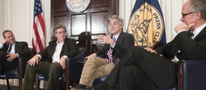 Michael Isikoff of NBC News, who covered the Monica Lewinski scandal for Newsweek, joins documentary filmmaker Barak Goodman (left)  and fellow journalists David Maraniss of the Washington Post and Michael Samels of PBS (right) to discuss Goodman's biopic, "Clinton" on Jan. 12.