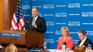 Cleveland Clinic chief executive Dr. Delos "Toby" Cosgrove addresses health care policy at a July 20 National Press Club luncheon. Club President Theresa Werner and former Secretary of Defense William Cohen joined him at the head table.