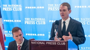Attorney Steve Shannon (seated) joined fellow attorney Chris Leibig at a National Press Club Newsmaker to discuss "GPS Tracking and Fourth Amendmendment Rights," Oct. 18, 2012