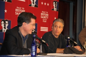 Jon Stewart and Stephen Colbert address the media at a National Press Club news conference immediately following their "Rally to Restore Sanity and/or Fear" on the National Mall.