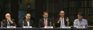 Panelists (from L to R) Phil Jones, Darrell Adams, Chris Doyle, Roy Peter Clark and Matt Bernaldo. Photo by Martin Miron.
