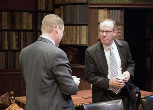 Roy Peter Clark, vice president of the Poynter Institute (right) confers with Chris Doyle, publisher of the Naples Daily News, before the NPC Forum begins at the Sugden Theater in...