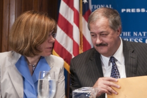 NPR’s senior business editor Marilyn Geewax talks with Don L. Blankenship, chairman and chief executive officer of Massey Energy Company at a July 22, 2010 National Press Club luncheon. ...