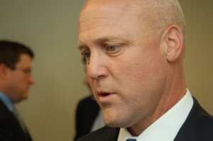 Mayor Mitch Landrieu greets well-wishers before speaking to the Press Club.