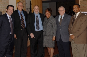 (L to R): Vincent Duffy, news director of Michigan Public Radio; Gil Klein, Centennial Project Director; Jonathan Wolman, editor and publisher of the Detroit News; Marla Drutz, vice president and...
