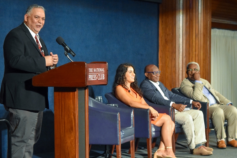 L-R: Ricardo Sandoval-Palos (PBS), Elahe Izadi (Washington Post), Terence Samuel (NPR), Sam Fulwood III (American University). Photo by Alan Kotok