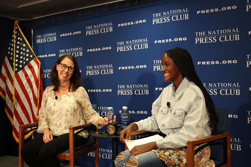 Former Club President Alison Fitzgerald Kodjak moderated the discussion with Nakate. Photo: Aileen Roberta Schlef
