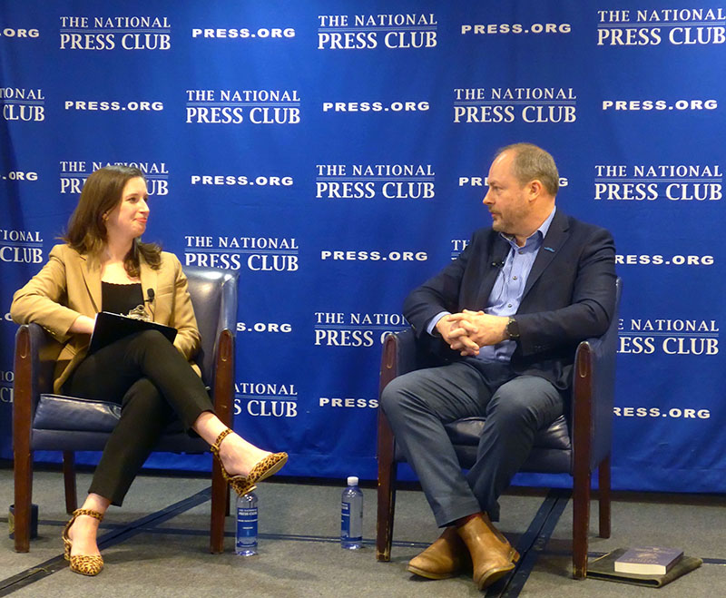 National Press Club Vice President Emily Wilkins (left) interviewed author Sean Carberry at the Club event.  Photo: Noël-Marie Fletcher
