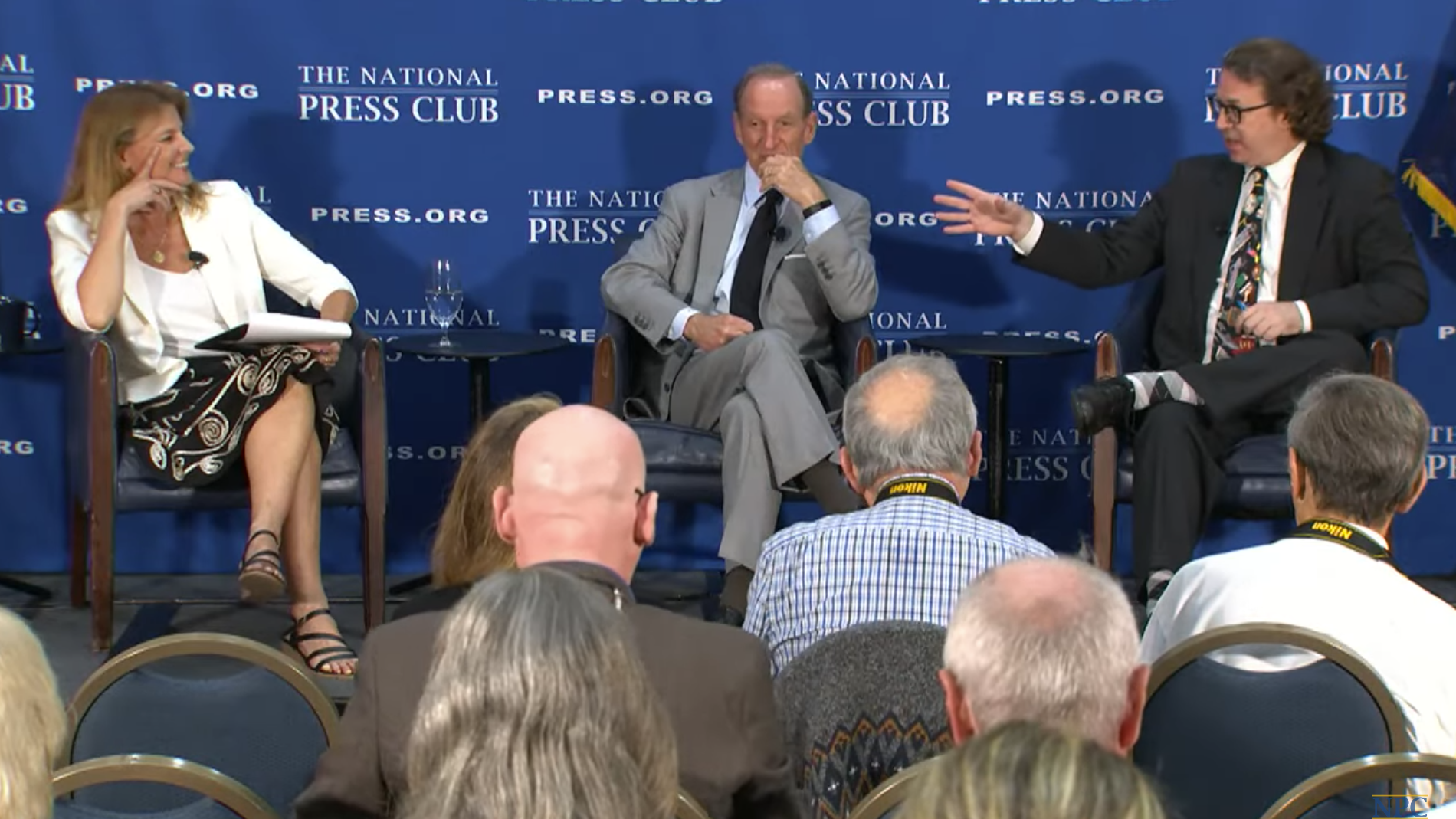 Lawyers Abbe Lowell (center) and Mark Zaid (right) said reporters should consider keeping their bylines off stories that rely on sensitive leaked information to slow down possible probes around leaks. The July 1 National Press Club Newsmakers event was moderated by Associated Press Pentagon reporter Tara Copp.
