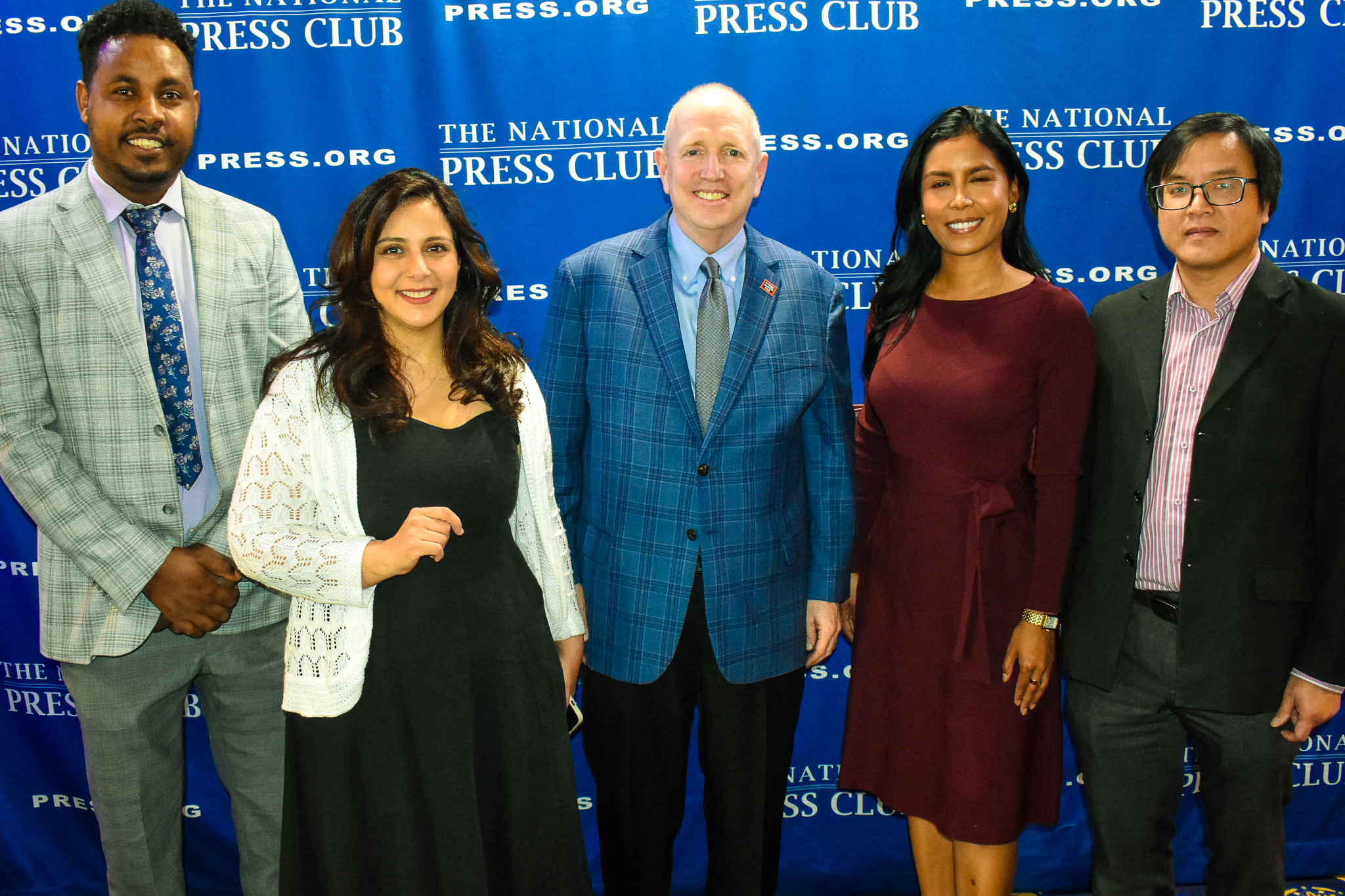 Press Freedom Fellows with Schoeff (l-r): Asmamaw Ayenew Kassa, Allaa Azzam, Jazmin Lopez, Le Nguyen. Photo: Alan Kotok