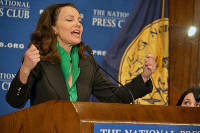 SAG-AFTRA President Fran Drescher emphasizes her point at an April 25, 2022, luncheon