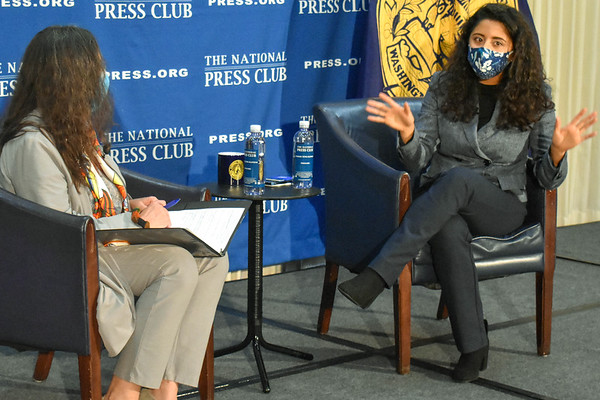 Lina Hidalgo addresses a Michele Salcedo question at Dec. 7 Newsmaker. 