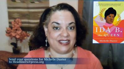 Michelle Duster and the cover of her book about Ida B. Wells, her great-grandmother.