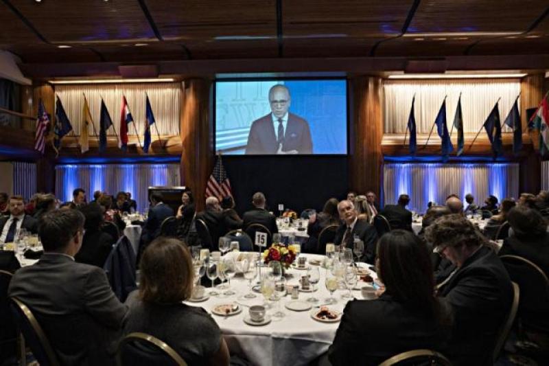 Fourth Estate Award honoree Lester Holt addresses gala event via video.