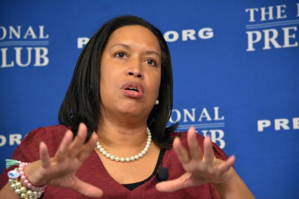 DC Mayor Muriel Bowser Feb. 21, gesturing to make a point in her remarks