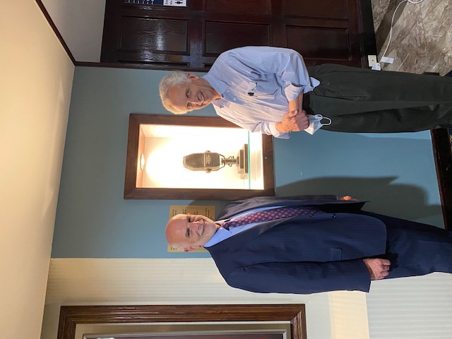 Photo of Mike Freedman and Casey Murrow with Murrow mic.