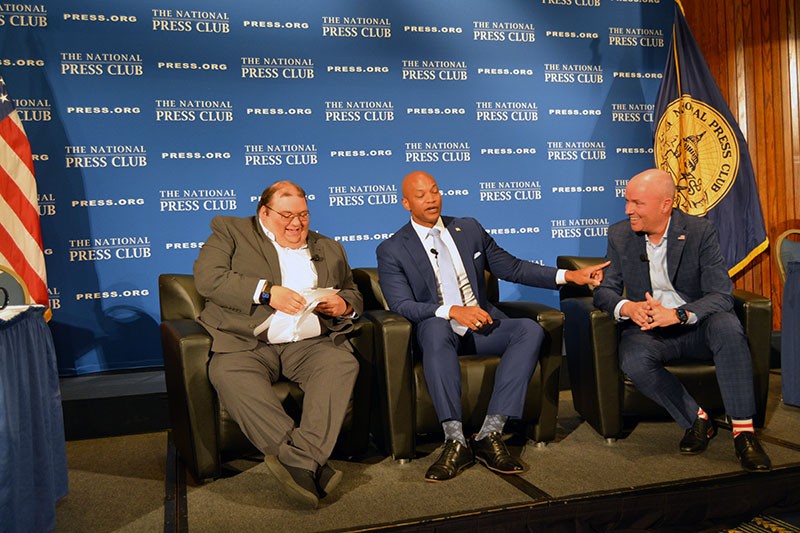 Photo of Maryland Gov. Wes Moore, Utah Gov. Spencer Cox and National Press Club President Mike Balsamo