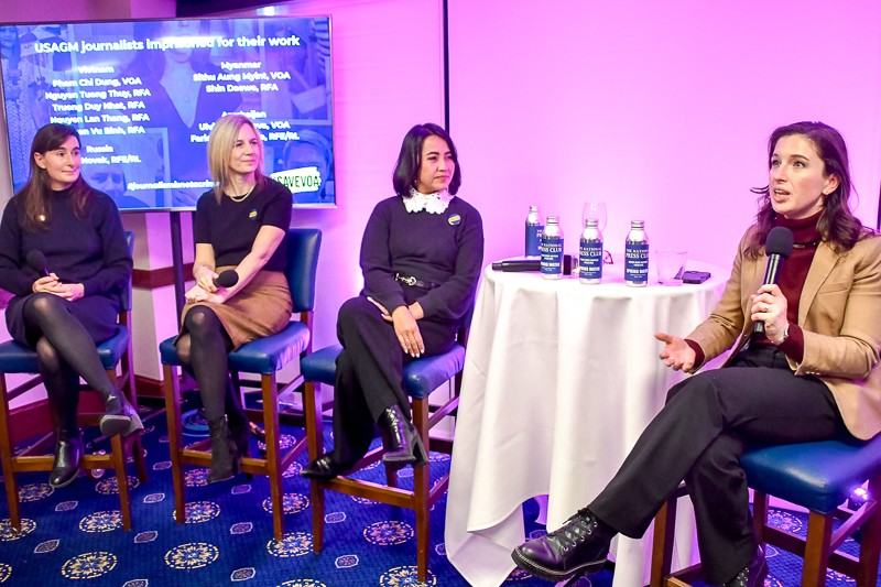 Photo of former Club President Emily Wilkins and VOA journalists