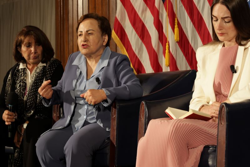Photo of Nobel Peace Prize laureates Shirin Ebadi and Oleksandra Matuiichuk and translator Shirin Ershadi