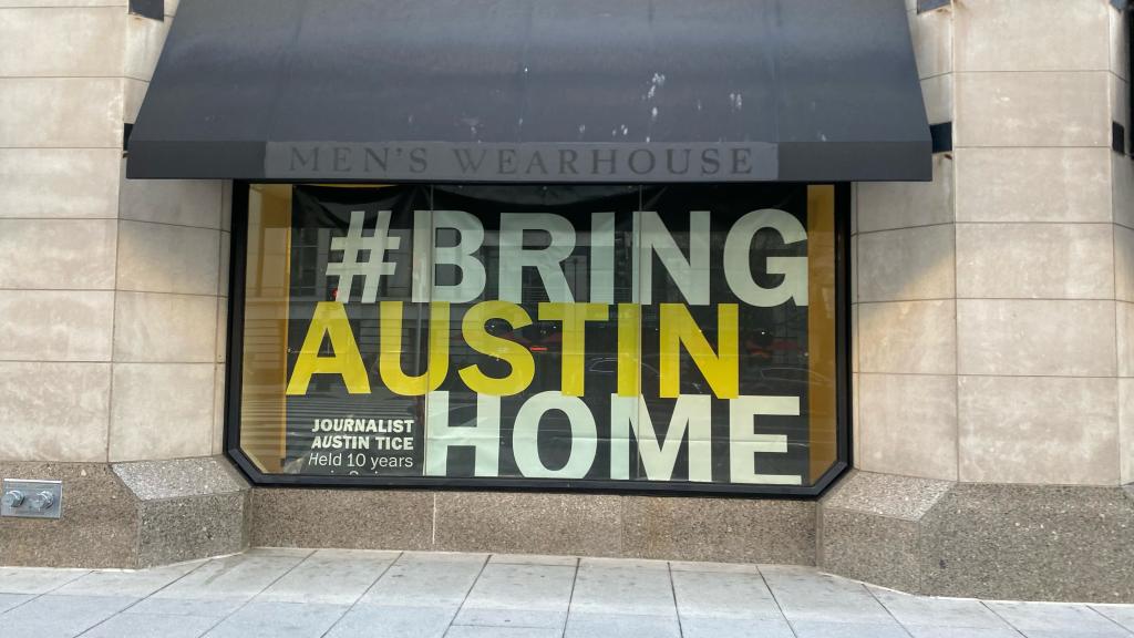 Austin Tice banner in F Street window