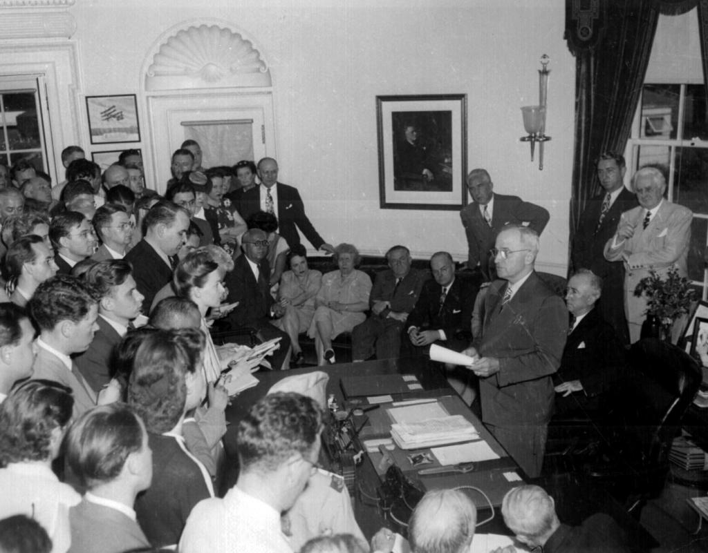 President Truman at a V-J Day press conference.