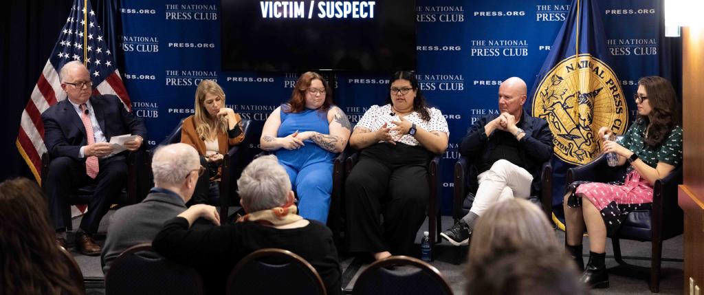 Photo of National Press Club panel discussing the documentary 'Victim/Suspect.'